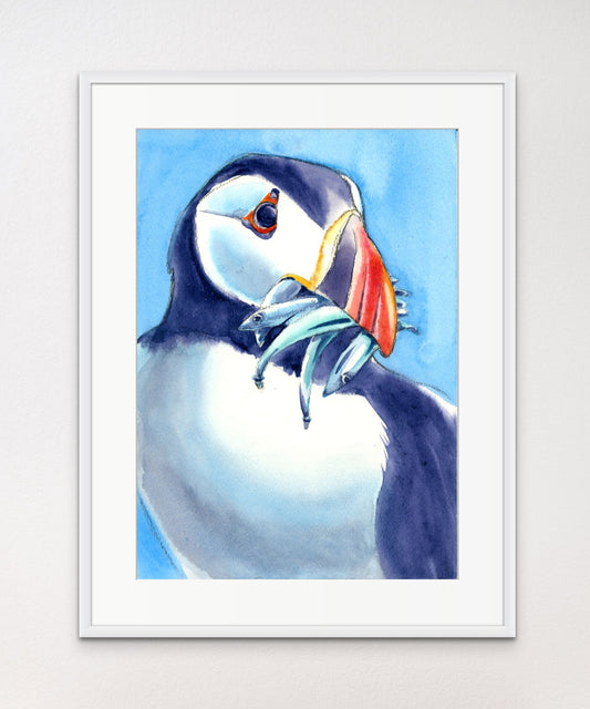 Puffin With Fish - Giclée Watercolour Print
