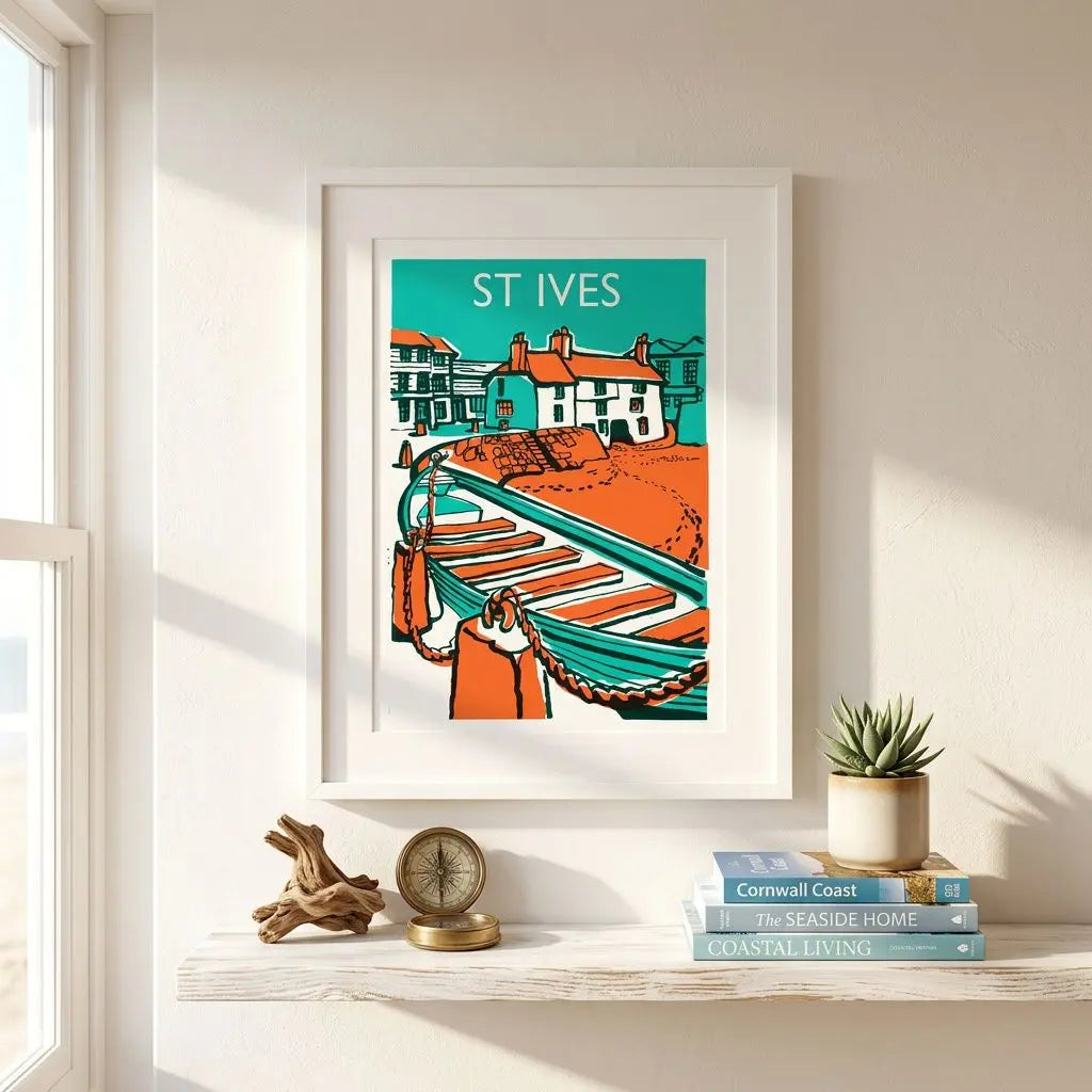 St. Ives art print framed on a wall, featuring teal and orange boat scene with text “ST IVES”; with a small plant and books on a shelf below.